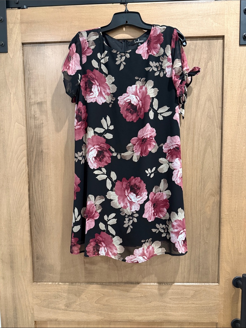 Lulu's Black Mini Shift Dress with Pink Floral Print and Tie Sleeves